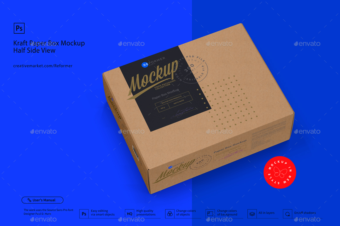 Kraft Paper Box Mockup Half Side View, Graphics GraphicRiver